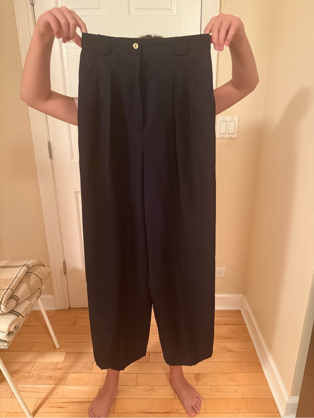 CHANEL Black Wide-Leg Pleated Trousers